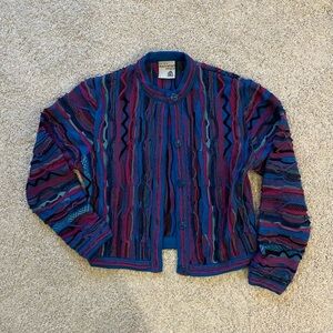 Purely Australian Thrashed Coogi 3D Knit Sweater Cardigan Sz L Wool Grunge